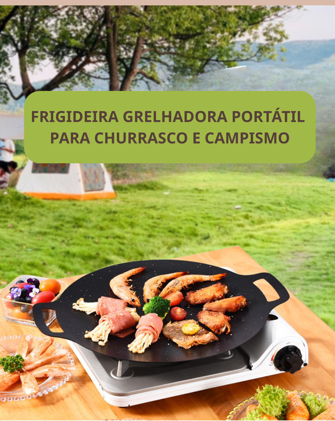 Frigideira grelhadora portátil para churrasco e campismo
